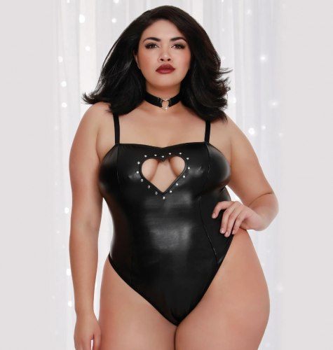 A faux leather teddy with a heart cutout at the bust and a matching choker.