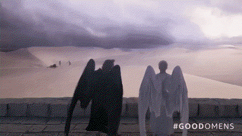 Aziraphale holding his wing over the other's head to shield him from the rain