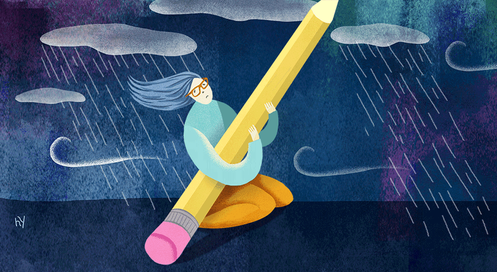 An illustrated woman holding a giant pencil in the rain. Lightning strikes and the pencil breaks in half