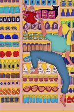 An illustration of a blonde lady climbing a convenience store shelf full of products like ARSENIC and GIN and BEE BALLS with a doll helping her out. A cat his behind the BEE BALLS packages watching them.