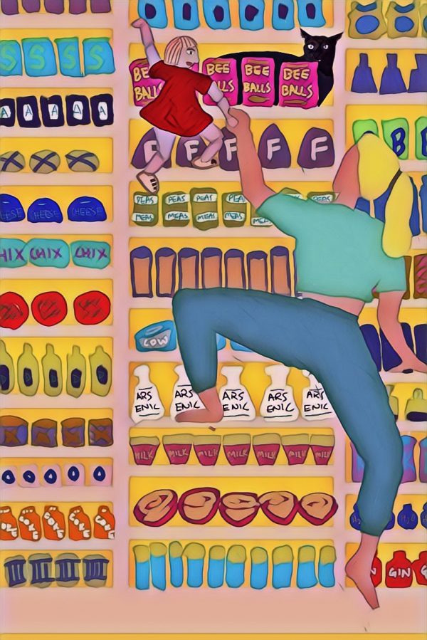 An illustration of a blonde lady climbing a convenience store shelf full of products like ARSENIC and GIN and BEE BALLS with a doll helping her out. A cat his behind the BEE BALLS packages watching them.