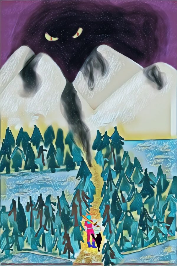 Tybalt the cat looking over two figures from over the mountains menacingly His black fur is the night sky
