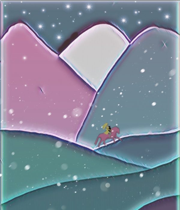 Vasya gallping on Solovey against a backdrop of pastel pink and blue mountains with snow falling through the screen