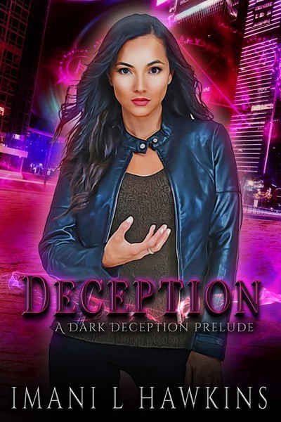 A woman with not great makeup stands in front of hot pink fire. Her hand is curled in the middle of her chest.