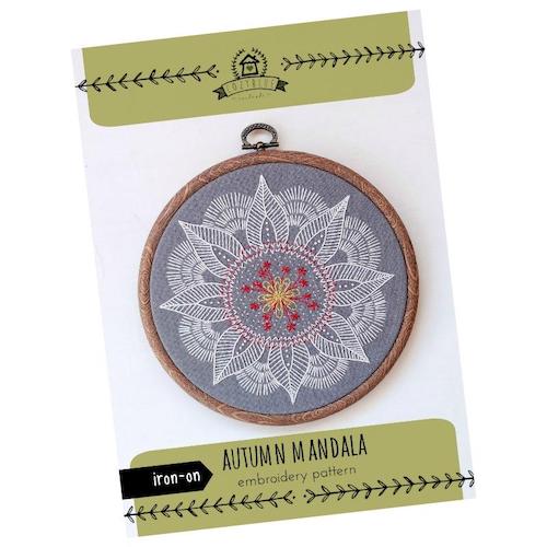 Autumn Mandala pattern kit with fabric, hoop, thread and instructions