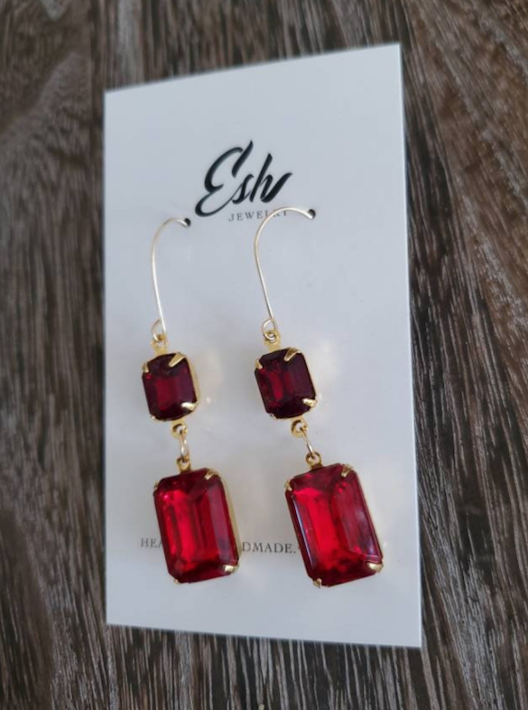 red gemstone dangle earrings