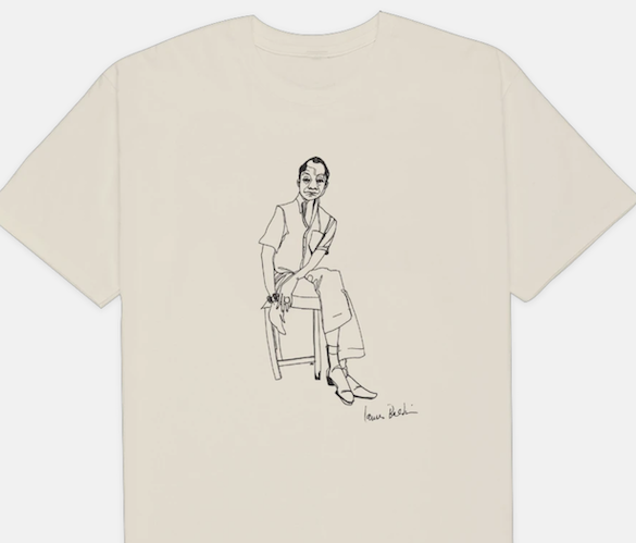 a cream colored shirt with an image of James Baldwin drawn in an ink outline 