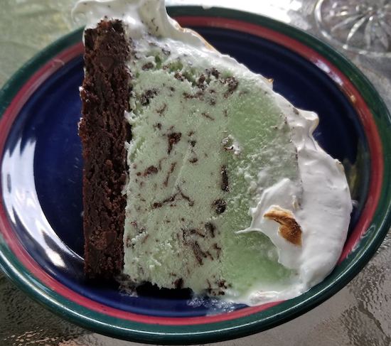 brownie bottom Baked Alaska with mint chip ice cream