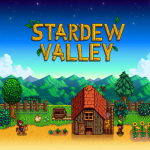 Stardew Valley Cover art with the farmhouse and a character on a horse
