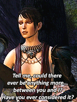 Morrigan whose clothing is a lot of cleavage and straps saying could there be anything more between you and I?
