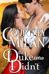 The Duke Who Didn't Cover - a woman with long dark hair in a red dress embracing a man with his shirt open against a gold background 