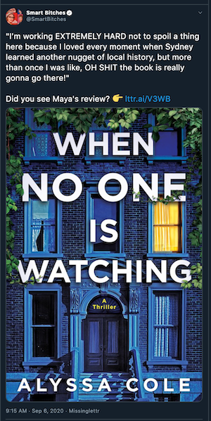 screen grab of Maya's review quoted in a tweet that says I'm working extremely hard not to spoil a thing here because I loved every momen when Sydney learned another nugget of local history but more than once I was like OH SHIT this book is really gonna go there - with a link to Maya's review