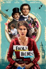 Enola holmes poster with Bornw front and center in a dark red ruffled dress and the cast behind her inside the glass of a magnifying glass circle