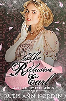 The Reclusive Earl by Ruth Ann Nordin. A pink rose petal is in front of a the heroine, making it either look like she's pregnant as the petal blends into the color of her dress, or it looks like a flaccid whoopie cushion.