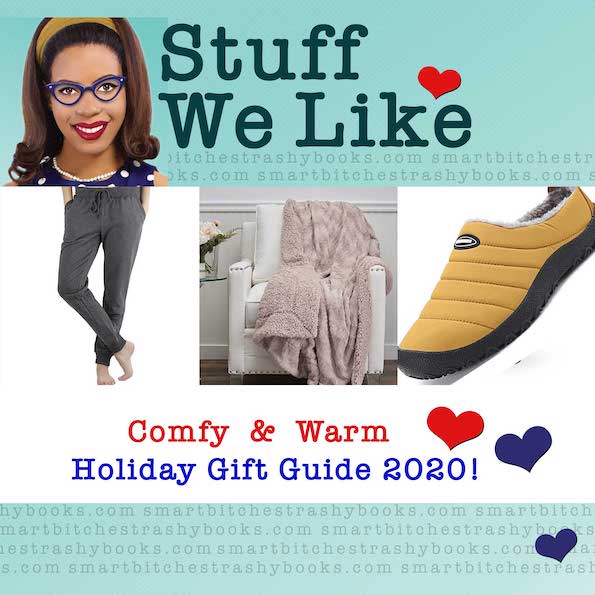 Comfy and Warm STuff We Like Gift Guide! with pictures of joggers, fuzzy blankets, and fuzzy slippers! 