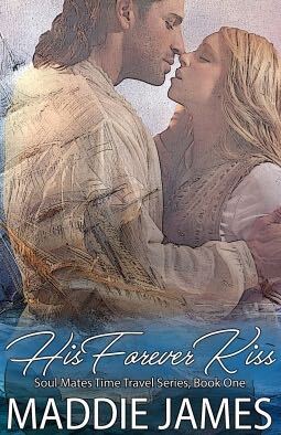 His Forever Kiss by Maddie James. A man in a puffy shirt is trying to kiss a woman, but his sleeve is morphing into a giant ship.