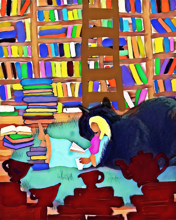 Belle chills and reads a story to the tea cups with the Beast, who may or may not be modelled by my cat - a poppy original illustration in vivid purple, blue, brown orange and red