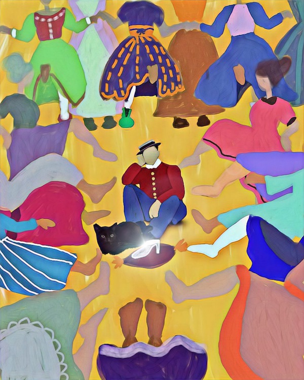 My take on my fav scene from the book - snarky Duke on the kingdom-wide search with a single glass shoe. I’ve popped my kitty in there, to raise morale. A digital illustration by poppy of the duke sitting in the middle of the room surrounded by women in brightly colored dresses extending their feet at him 