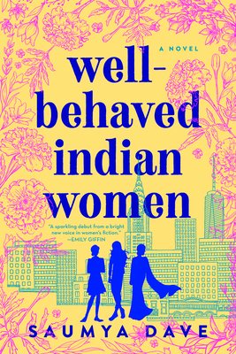 A sunny background with a cityscape outlined in light green. The silhouette of 3 women is in dark blue. The borders of the cover have pink, peachy stencils of flowers.
