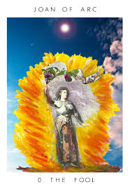 The Fool with Joan of Arc against a yellow, orange, red, and deep blue background