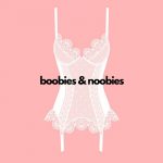 Boobies and noobies in black against a white bustier in lace against a pink background