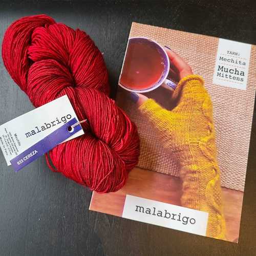 Red malabrigo in cereza with the Mechita Mucha Mittens books behind the yarn