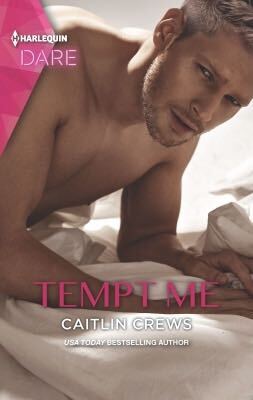 Tempt Me by Caitlin Crews. A blond man is planking on a bed with white sheets. He looks confused.