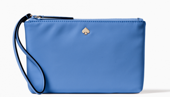 cornflower blue wristlet with a tiny gold spade logo