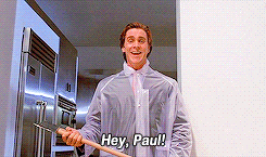 Christian Bale from American Psycho swings an ax while saying hey paul