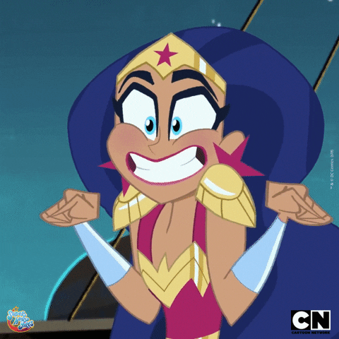 a cartoon wonder woman shakes her arms in excitment