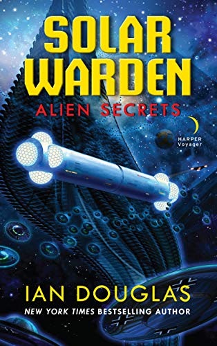 Solar Warden Alien Secrets by Ian Douglas. There is a very long, phallic space ship with ribbed ends.