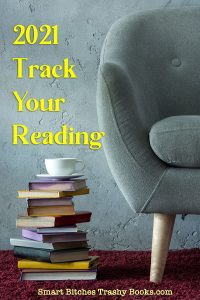 a light blue chair next to a stack of books and a cup of tea with the words 2021 Track Your Reading and the website url at the bottom