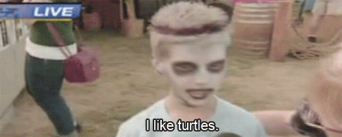 a kid in zombie makeup says i like turtles