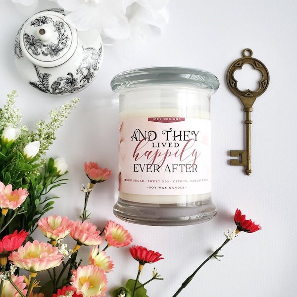 Icey designs and they lived happily ever after candle with flowers and a vintage brass key