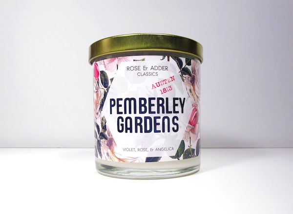 Rose and adder candle pemberley gardens with a gold lid and a label printed with flowers