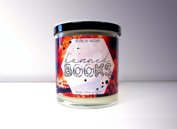 Rose & Adder banned books with a red and orange printed lable