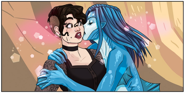 Mermaid comforting her teary goth princess with a hug and a smooch on the cheek. Their attraction and soft feelings for each other radiate out from their faces in glowing and glittering pink.