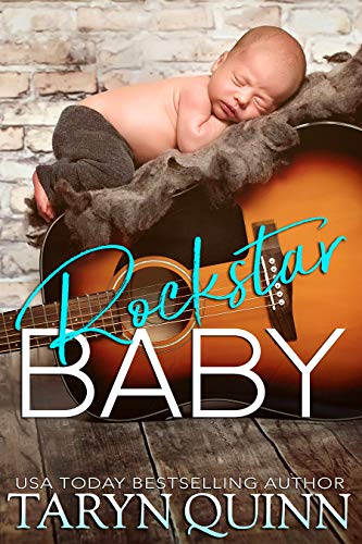 Rockstar Baby by Taryn Quinn. A baby is asleep on a fur on some sort which is precariously draped over the edge of a guitar.