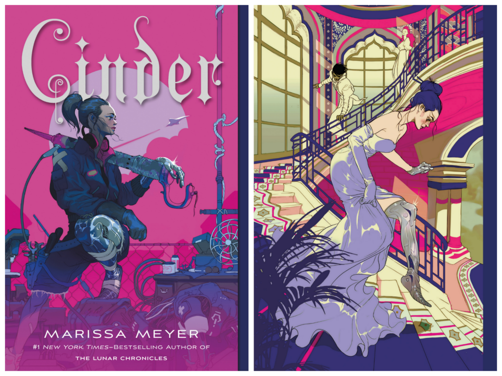 CINDER by Marissa Meyer. New illustrated cover. A young woman hoists a sword over her shoulder. She's in dark blues and reds and blacks. The background is a bright pink. The step back cover is the same woman, in a white dress as she descends down a grand staircase.