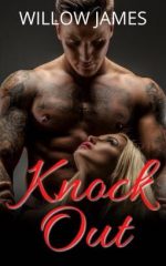 Knock Out by Willow James. A shirtless man covered in tattoos is looking down at his crotch where there's an unrealistic looking head of a blonde woman hanging out down there.