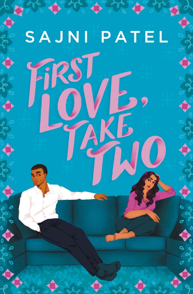 First Love, Take Two by Sajni Patel. An illustrated cover of a South Asian couple on a deep blue couch. She is curled up, resting her head in her hand and he has his legs spread out in front of him. Both are looking away from each other. The cover is a rich teal blue with light pink font for the title.