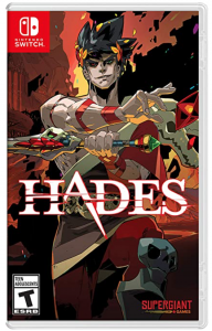 Hades in switch packaging an anime style illustration of a young man with a sword 
