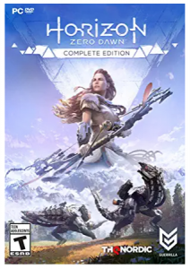 Horizon zero dawn with a woman weilding a large speak against a snowy backdrop