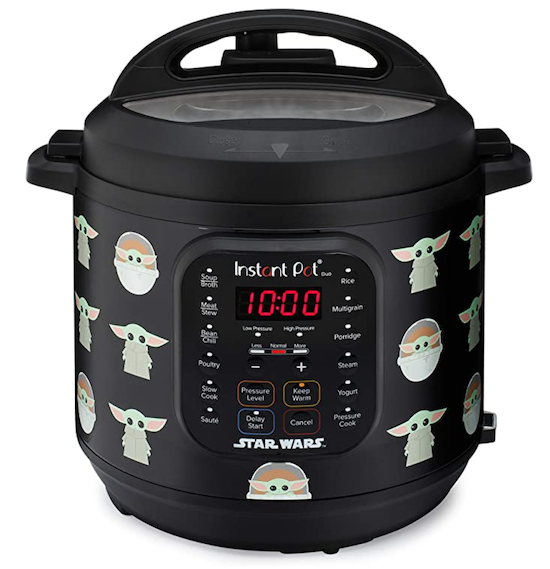 A black instant pot covered with baby yoda illustrations