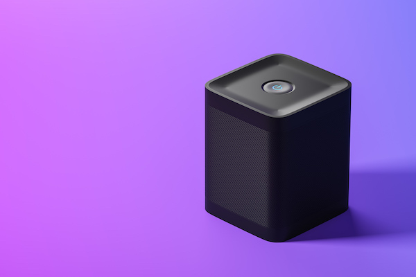 Voice controlled black smart speaker standing over purple background. Concept of hi tech and smart home. 3d rendering mock up