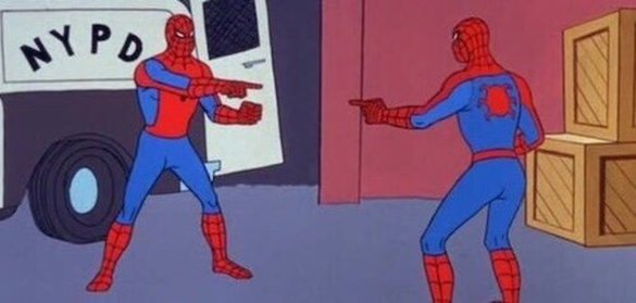 Frame from animated show of spiderman pointing at another version of himself 