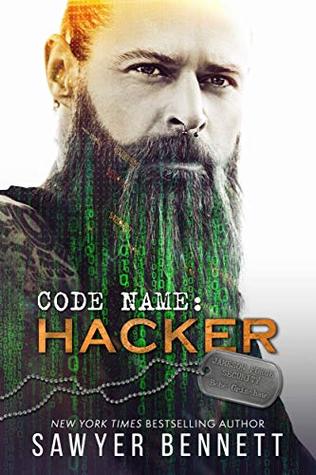 Code Name: Hacker by Sawyer Bennett. A man with a long beard looks super serious. His beard his glowing green and appears to be hacking into the Matrix.
