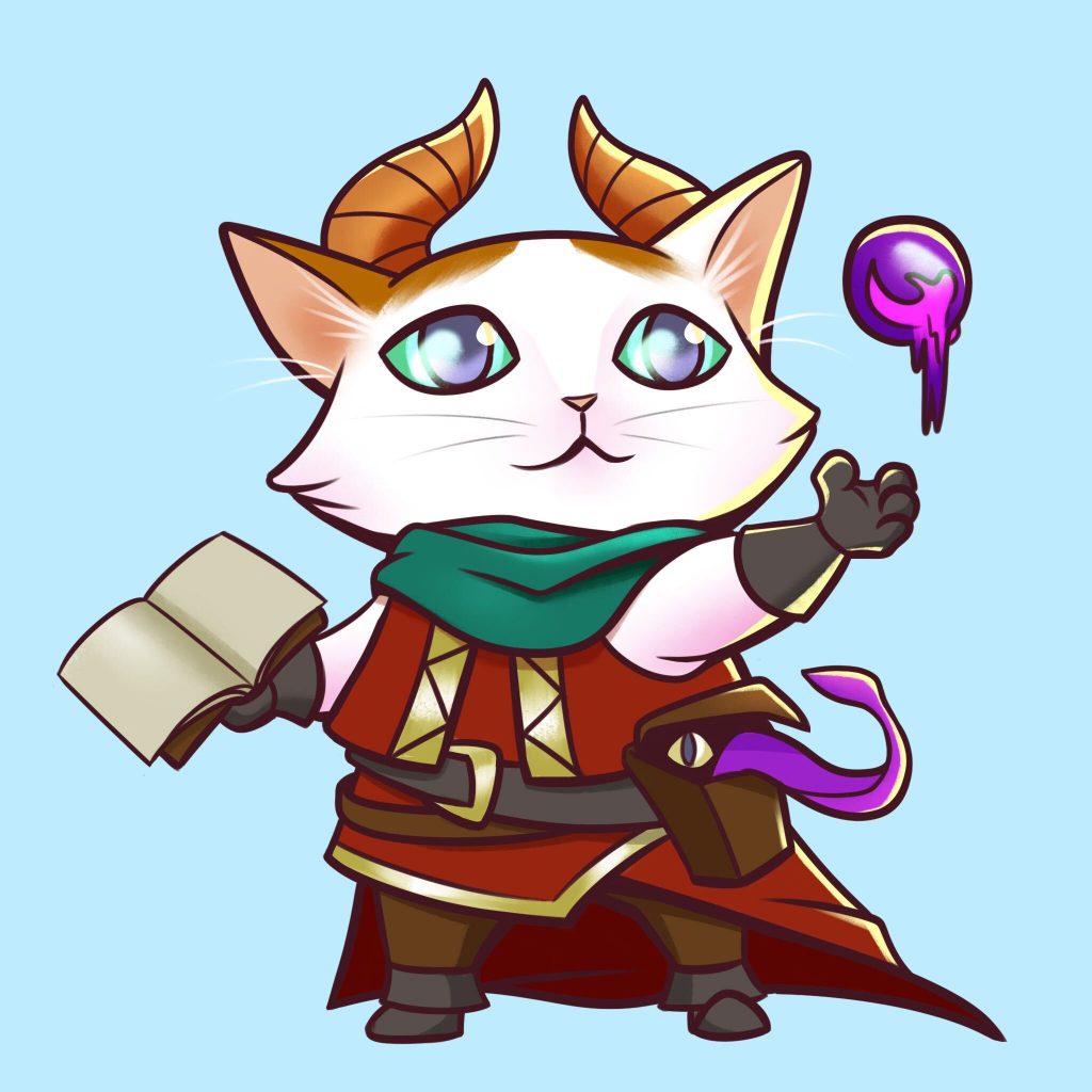 A white and tan cat dressed as a warlock. He has curved horns, a creature with tentacles in his pocket, and has summoned a glowing purple orb.