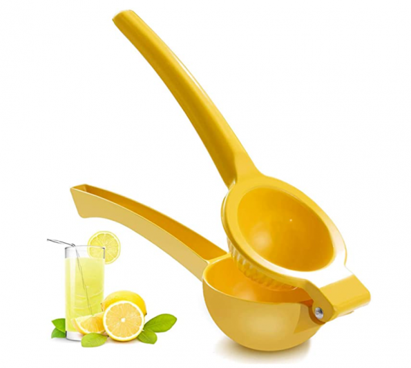 Yellow metal handheld citrus juicer
