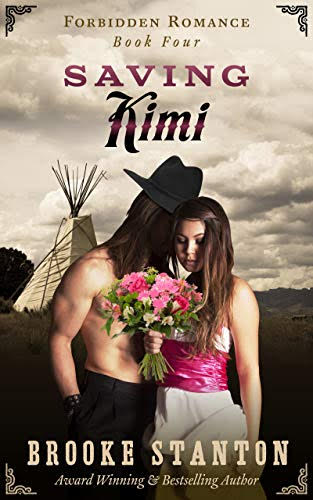 Saving Kimi by Brooke Stanton. There is a shirtless man, but his long hair is hiding his face and he's wearing a fedora. The woman is in a white dress with a hot pink sash around the middle and a holding a bouquet of bright pink flowers. The clouds are gray in the background and there's also a tipi.